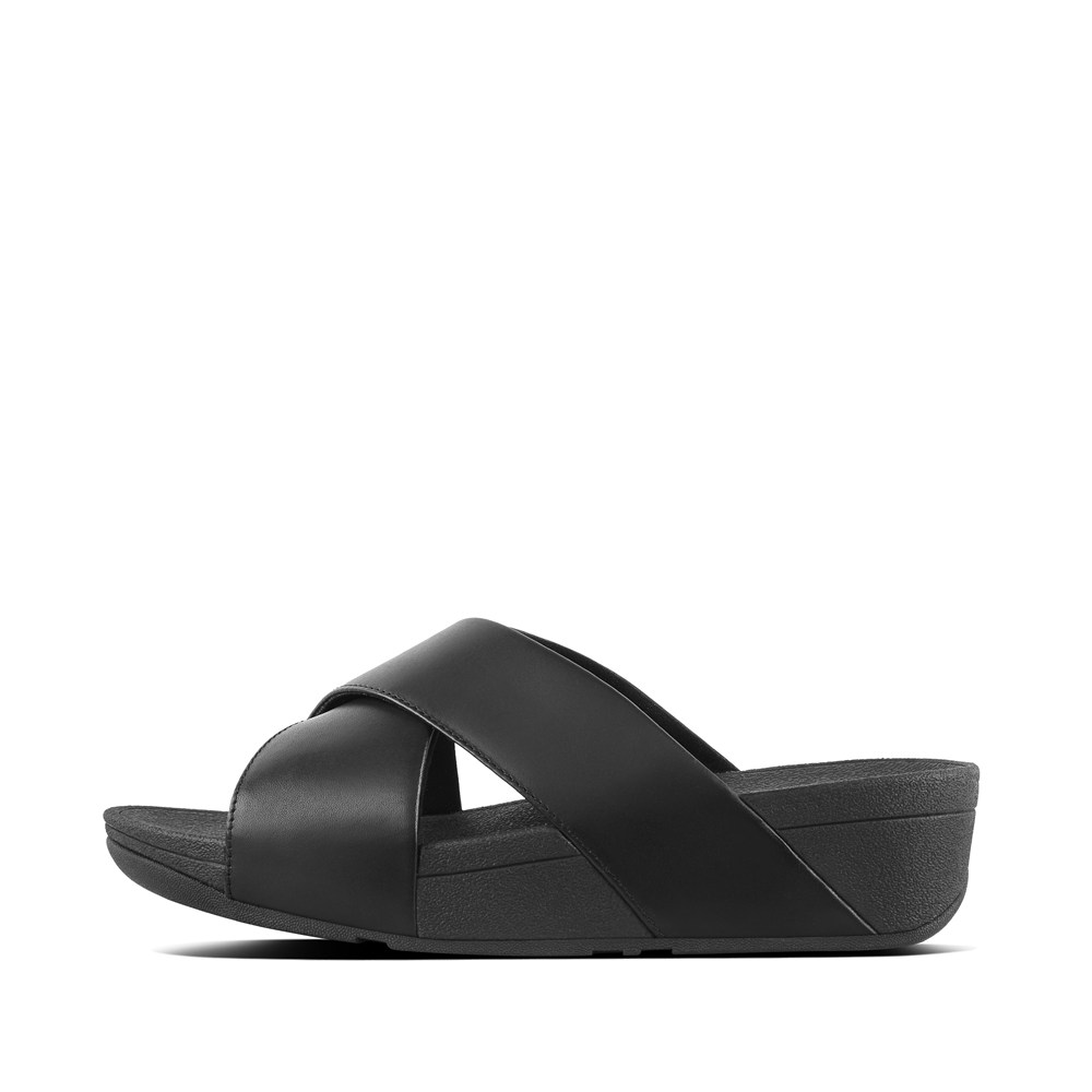 Fitflop Womens Slides Black - Lulu Leather Cross - NO6584793